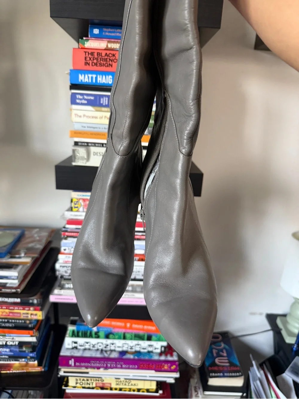 Nine West Grey Leather Over-the-Knee Pointed Toe Boots